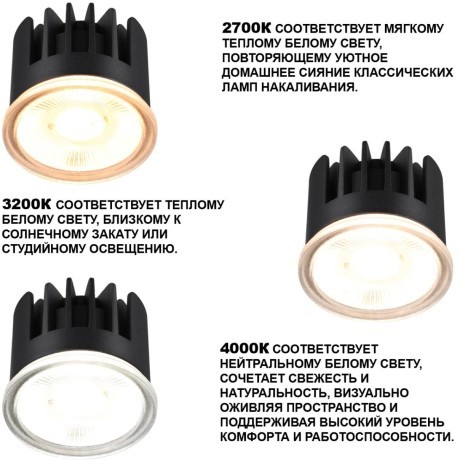 359813 Cветодиодный модуль с перекл. цв. температуры и мощности 6-8-10Вт макс. 862Лм CRI90 30° 2700-3200-4000К IP20 220V Novotech DIOD MOD (замена ламп MR16 цоколей GU10, GU5.3)