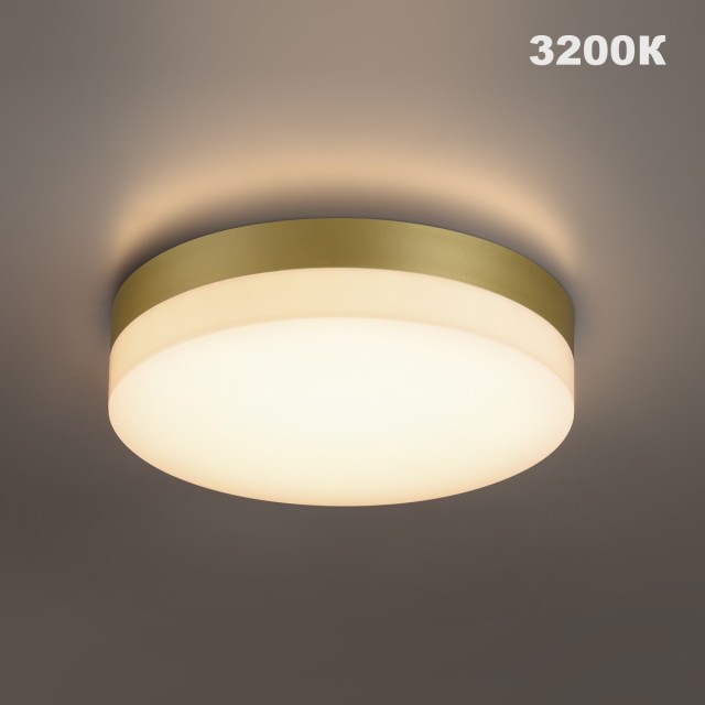 Novotech OPAL STREET 359734 Уличный настенно-потолочный LED-светильник, 30/35/40Вт, 3870Лм, CCT перекл. цветовой температуры внутри корпуса 2700/3200/4000К, угол 120°, CRI90, 180-265В, IP65, поликарбонат цвета матовое золото, диаметр 324 мм, высота 45 мм