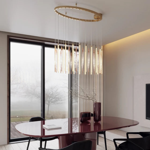 5468/118L ODEON LIGHT SPIRA подвесная LED-люстра, сатинированная латунь, коричневые рельефные подвески, 118 Вт, 3500 К, IP20, 220 В