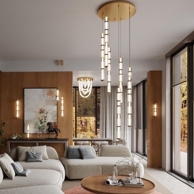 5455/210L Люстра каскадная из стеклянных стветящихся неонов Odeon Light LED 210W (30W*7) 4000K COLLIER