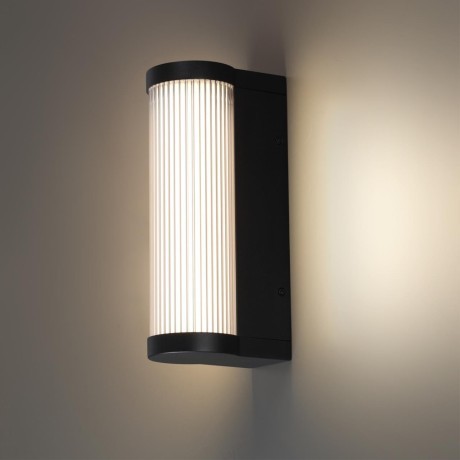 Novotech FLUO 359984 Настенный современный фасадный уличный накладной LED-светильник минимализм с мягким рассеянным светом, 12Вт, 550Лм, 3000К, угол 95°, 220В, IP65, черный алюминий и прозрачный/белый пластик, высота 300 мм, длина 143 мм, ширина 95 мм