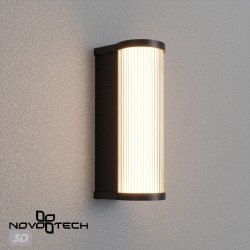 Novotech FLUO 359984 Настенный современный фасадный уличный накладной LED-светильник минимализм с мягким рассеянным светом, 12Вт, 550Лм, 3000К, угол 95°, 220В, IP65, черный алюминий и прозрачный/белый пластик, высота 300 мм, длина 143 мм, ширина 95 мм