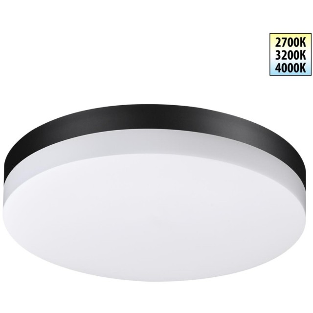 Novotech OPAL STREET 359730 Уличный круглый настенно-потолочный LED-светильник, перекл. мощности 20/25/30Вт 3140Лм, CCT перекл. цветовой температуры 2700/3200/4000К, CRI90, 220В, IP65, черный поликарбонат и белый рассеиватель, диаметр 264 мм, высота 45 мм