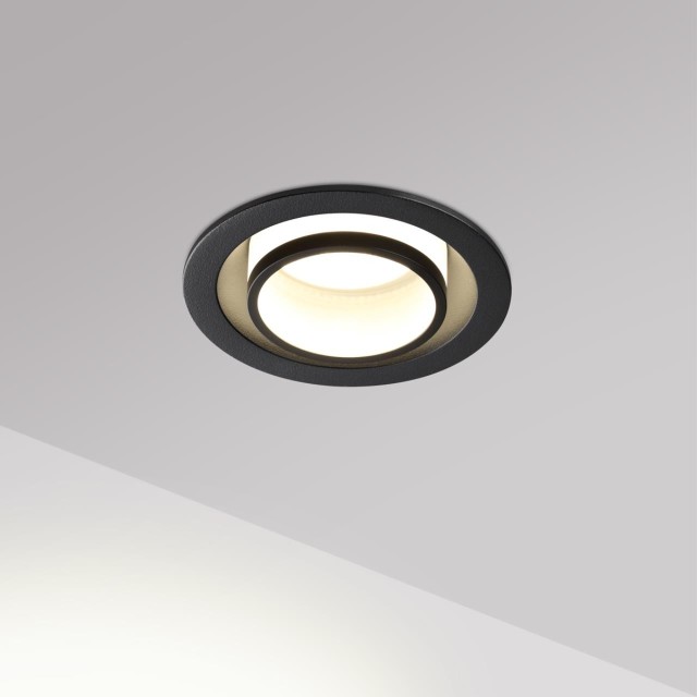 Novotech LIRIO 371051 Встраиваемый современный круглый точечный потолочный светильник для натяжного и гипсокартонного потолка, лампа 1xGU10 до 12Вт, 220В, IP20, черный матовый алюминий и акрил, диаметр 88,5 мм, высота 38,5 мм, врезное отверстие 75 мм